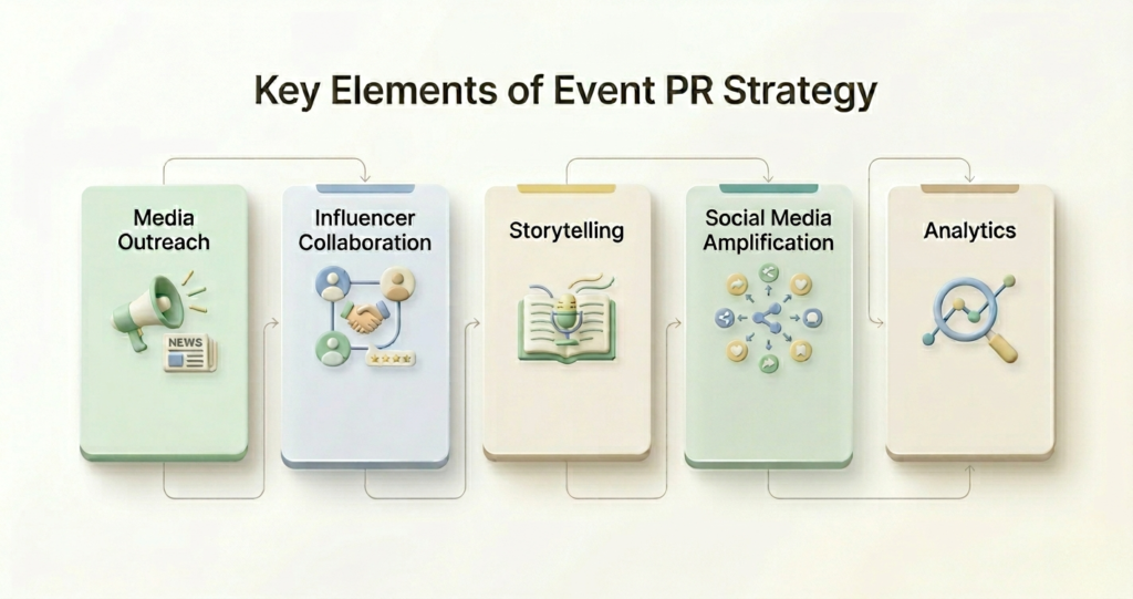 Key elements of event PR strategy including media outreach, influencer collaboration, storytelling, social media amplification, and analytics illustrated in a visual workflow, 