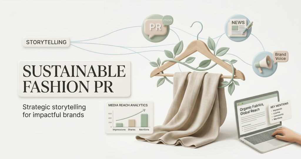 Sustainable fashion PR visual showing strategic storytelling brand voice media reach and analytics for impactful brands