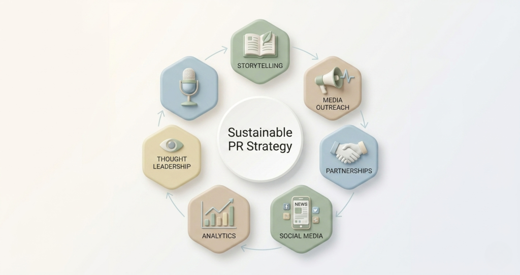Sustainable PR strategy diagram showing storytelling media outreach partnerships social media analytics and thought leadership