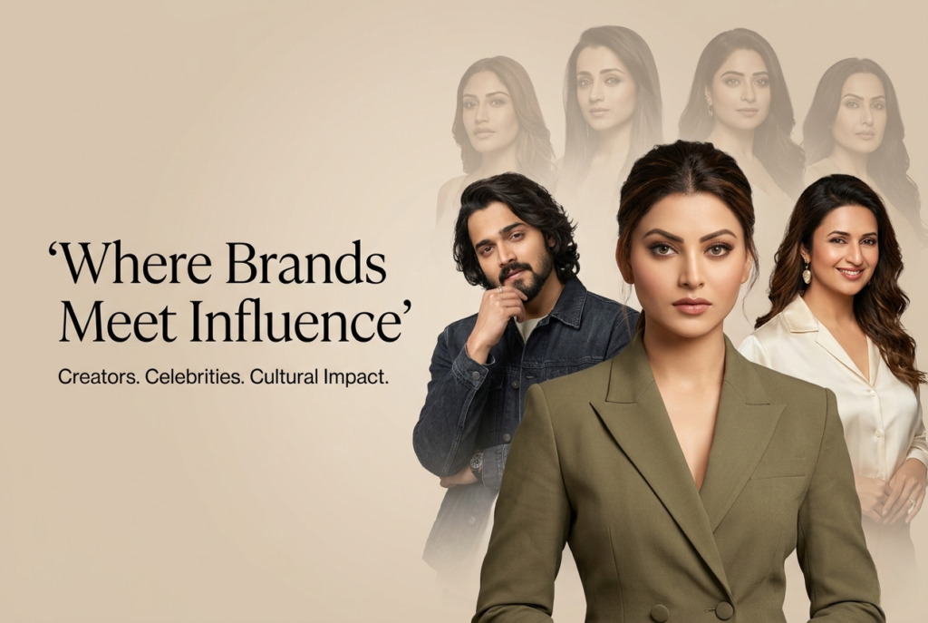 Digital marketing agency banner featuring creators, celebrities, and a brand influence concept with the tagline "Where Brands Meet Influence.