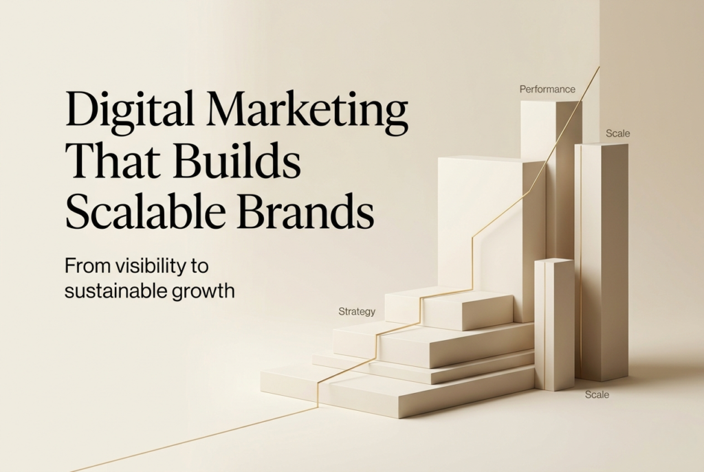 Digital marketing agency banner showing a scalable growth concept with the message "Digital Marketing That Builds Scalable Brands" and supporting text about visibility, strategy, performance, and scale.