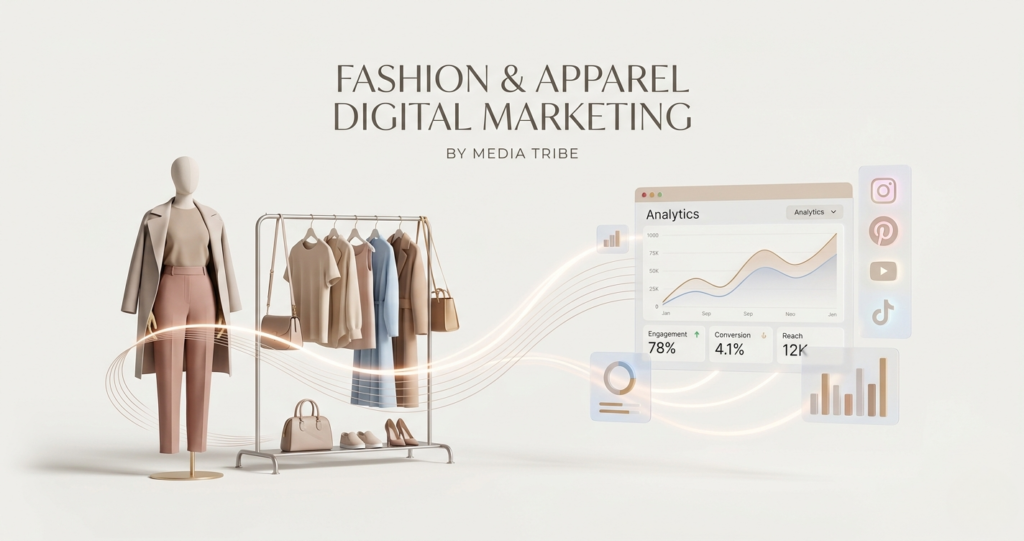 Fashion and apparel digital marketing showcasing clothing display, analytics dashboard, social media platforms, and performance growth metrics