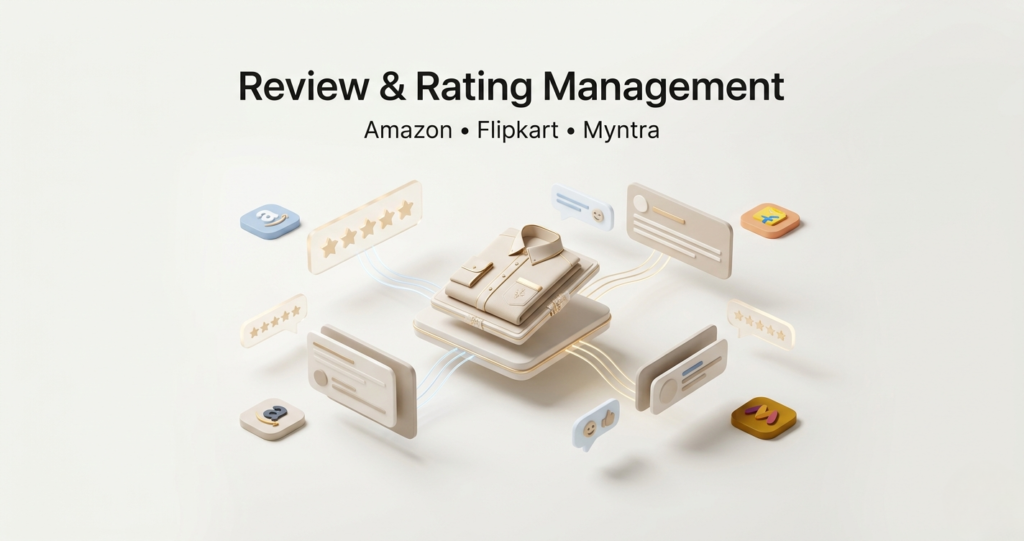 Fashion review and rating management visual for Amazon Flipkart and Myntra with product reviews and ecommerce feedback elements