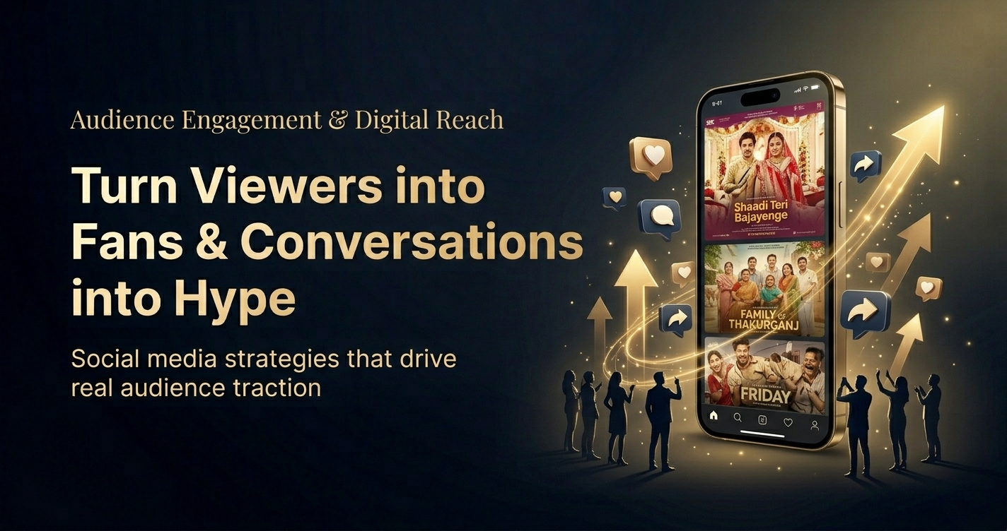 Film audience engagement and digital reach visual showing social media hype viewer traction and movie marketing growth