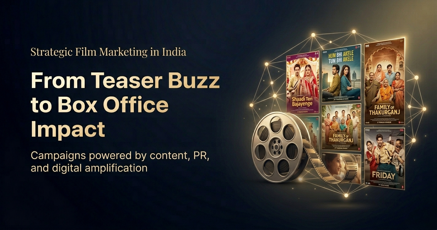 Film promotion digital marketing agency visual with movie clapperboard and social media platform icons
