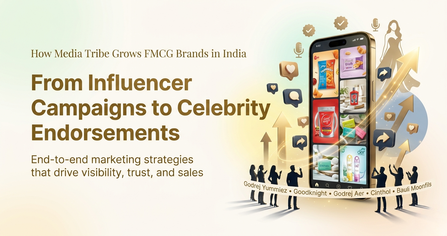 FMCG influencer and celebrity endorsement marketing visual showing brand growth social engagement and product promotions in India