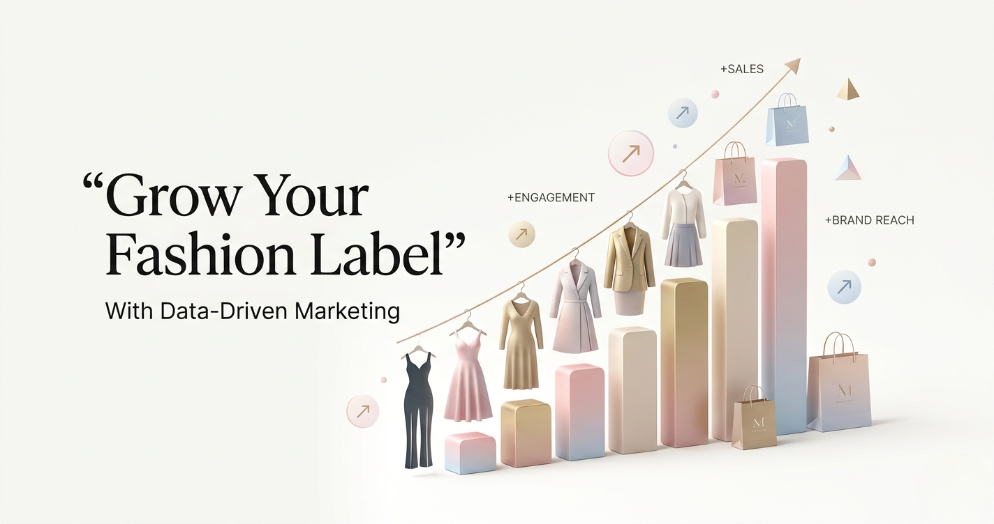Grow your fashion label with data driven marketing showing increasing sales, engagement, brand reach and apparel growth chart