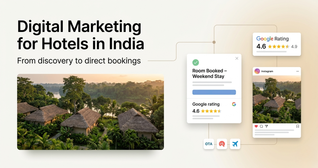 Hotel digital marketing visual in India showing direct bookings Google ratings Instagram promotion and OTA presence