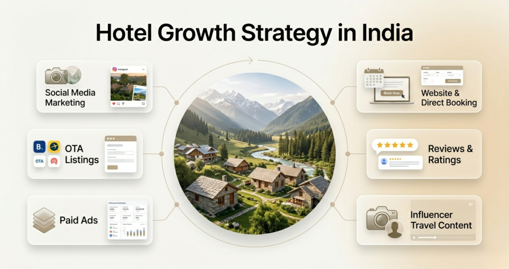 Hotel growth strategy in India visual showing social media marketing OTA listings paid ads direct booking reviews and influencer travel content