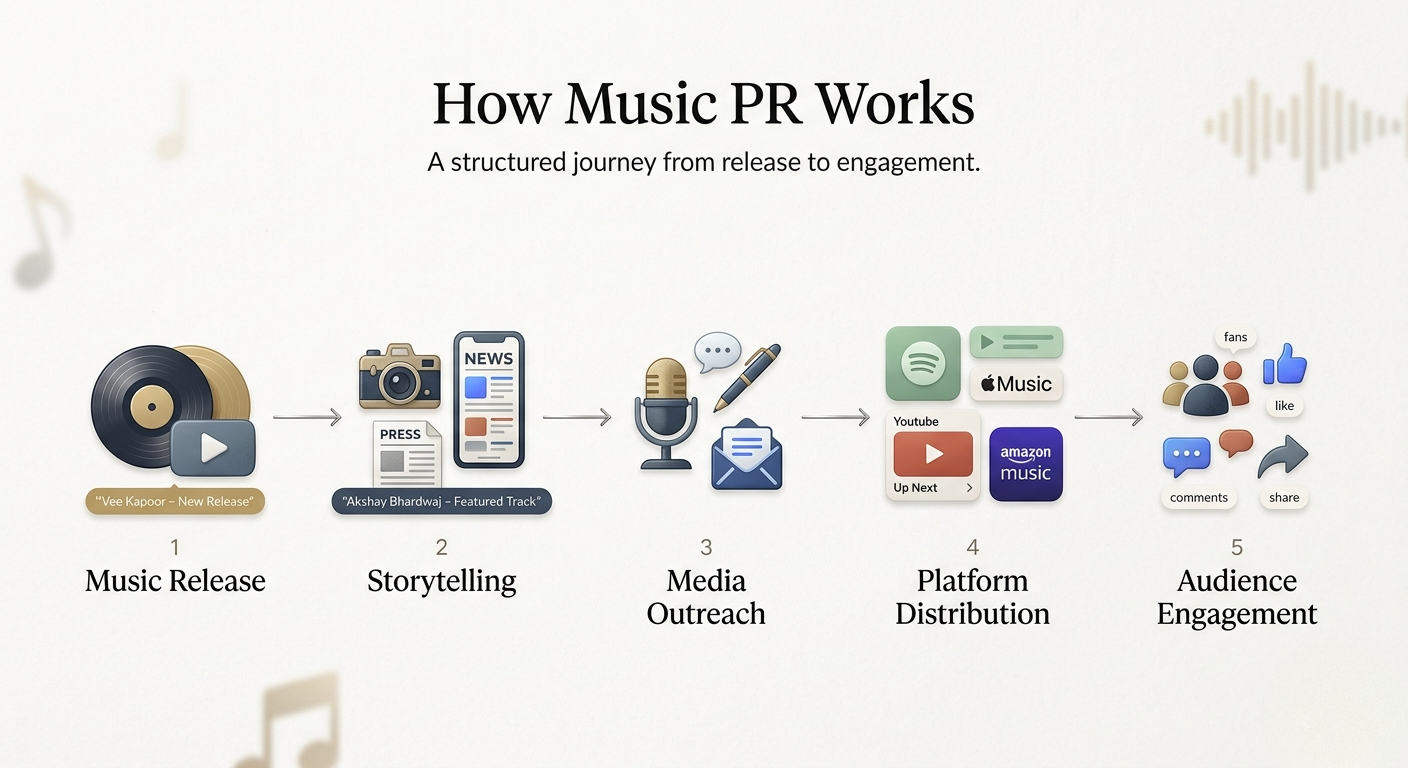 How music PR works visual showing music release storytelling media outreach platform distribution and audience engagement