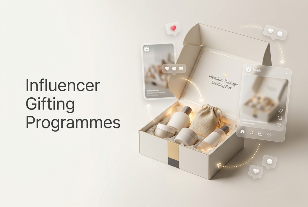 Digital marketing agency banner showing an influencer gifting programme with a premium seeding box, product package, and social media engagement elements.