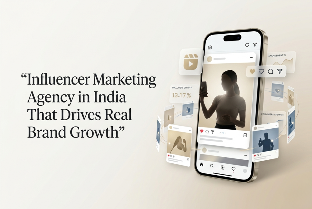 Digital marketing agency banner showing an influencer marketing concept with the message "Influencer Marketing Agency in India That Drives Real Brand Growth" and social media performance elements around a smartphone.