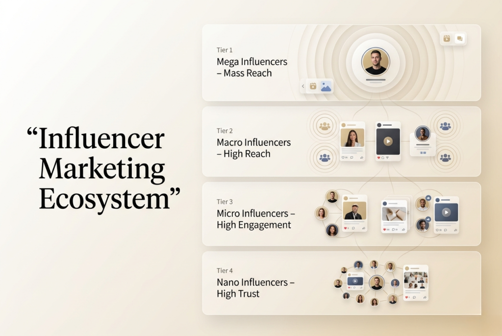 Digital marketing agency banner showing an influencer marketing ecosystem with tiers for mega, macro, micro, and nano influencers, highlighting reach, engagement, and trust.