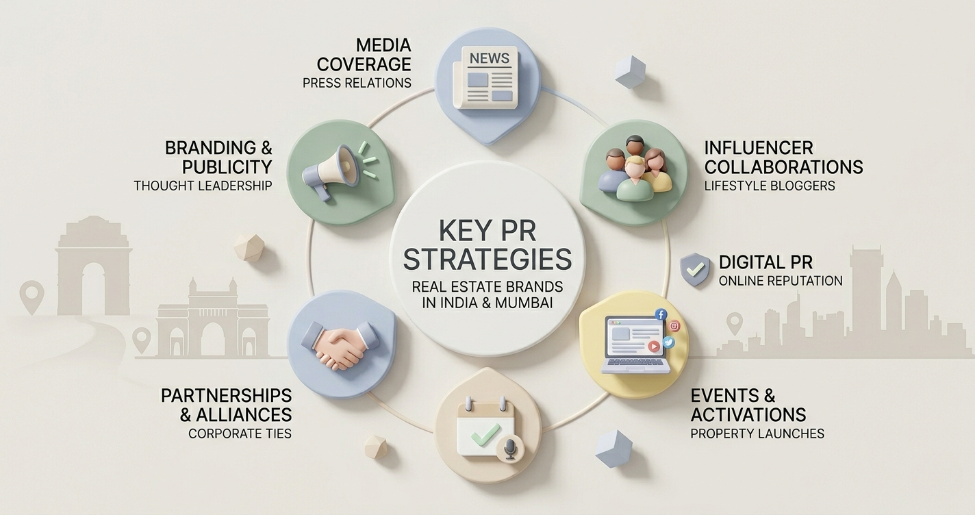 Key PR strategies for real estate brands showing media coverage influencer collaborations digital PR partnerships and events