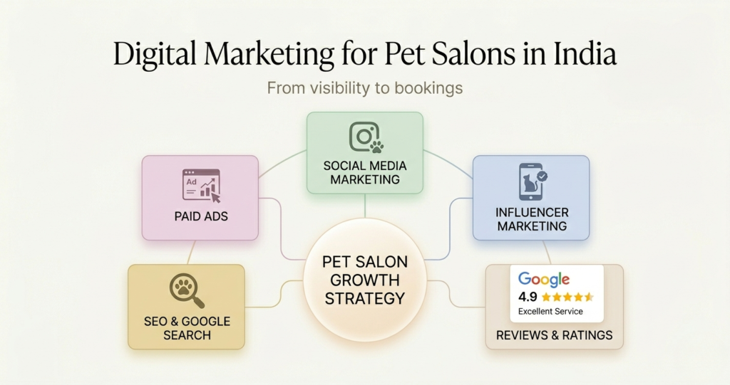 Media Tribe pet salon digital marketing visual showing visibility engagement reviews and booking growth in India
