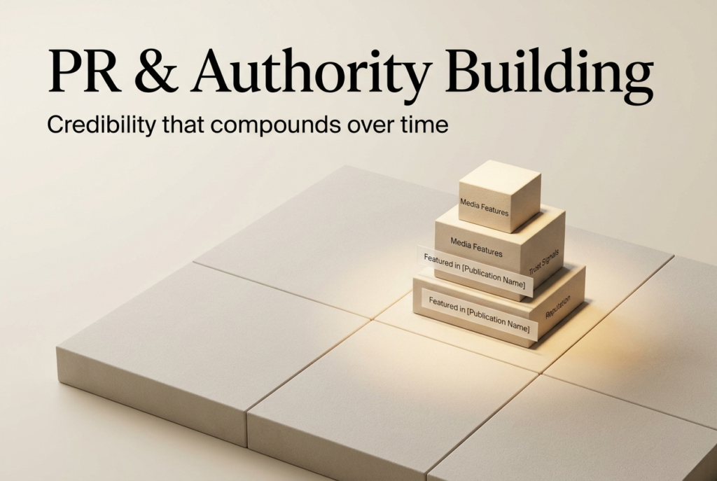Digital marketing agency banner showing a PR and authority building concept with the heading "PR & Authority Building" and supporting text about credibility that compounds over time.