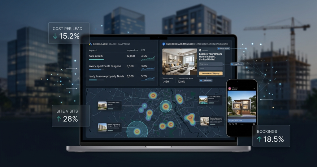 Real estate Instagram marketing visual showing virtual property tour social media content and site visit bookings