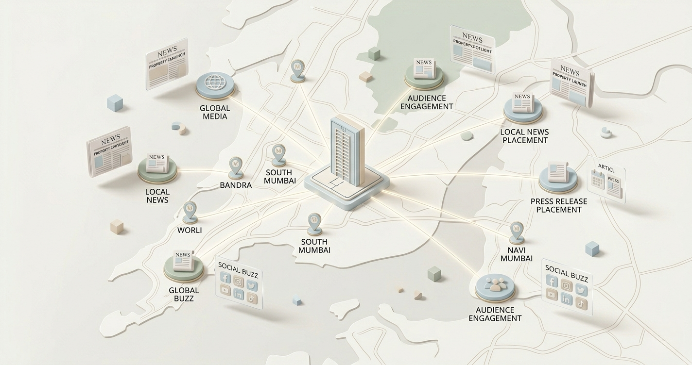 Real estate media visibility visual showing PR mentions media coverage social mentions exposure and press placements