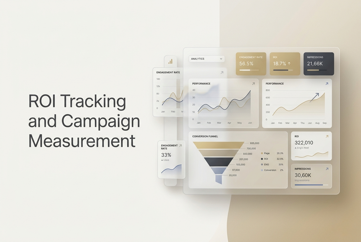 Digital marketing agency banner showing ROI tracking and campaign measurement dashboards with analytics, engagement rate, impressions, performance charts, and a conversion funnel.