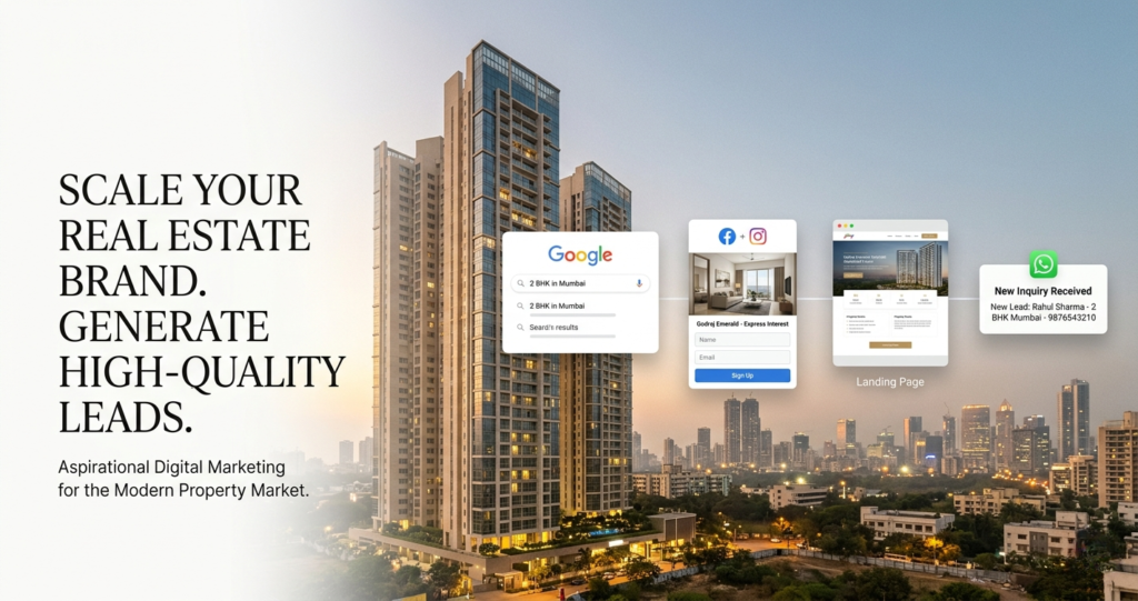 Real estate digital marketing visual showing search ads social media lead form landing page and inquiry generation