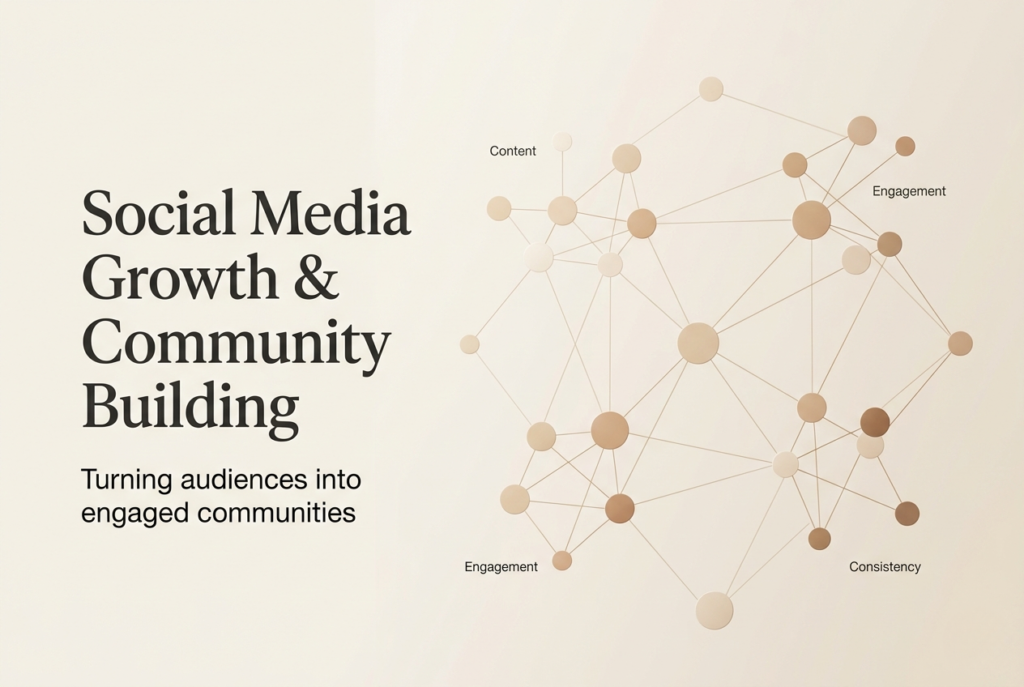 Digital marketing agency banner showing a social media growth concept with the message "Social Media Growth & Community Building" and supporting text about turning audiences into engaged communities.