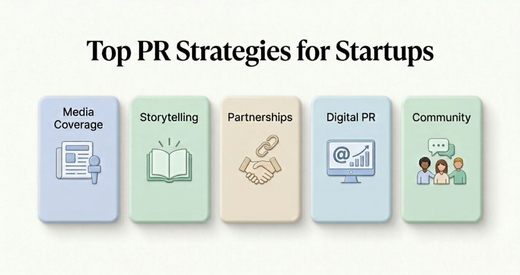 Top PR strategies for startups visual showing media coverage storytelling partnerships digital PR and community
