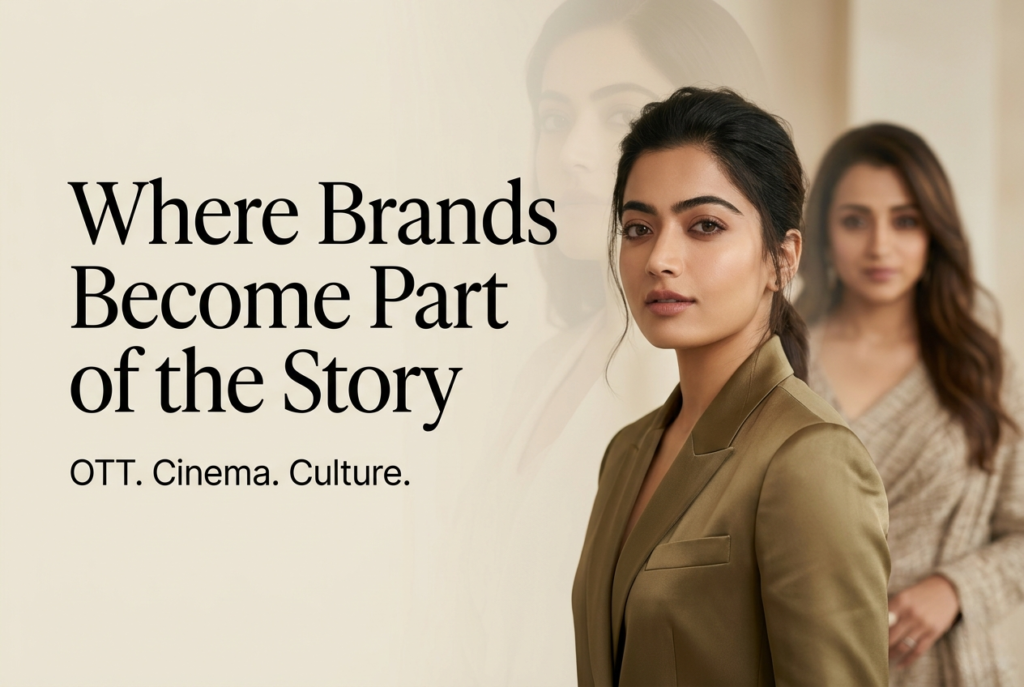 Digital marketing agency banner showing a brand storytelling concept with the message "Where Brand Become Part of the Story" and supporting words OTT, cinema, and culture.
