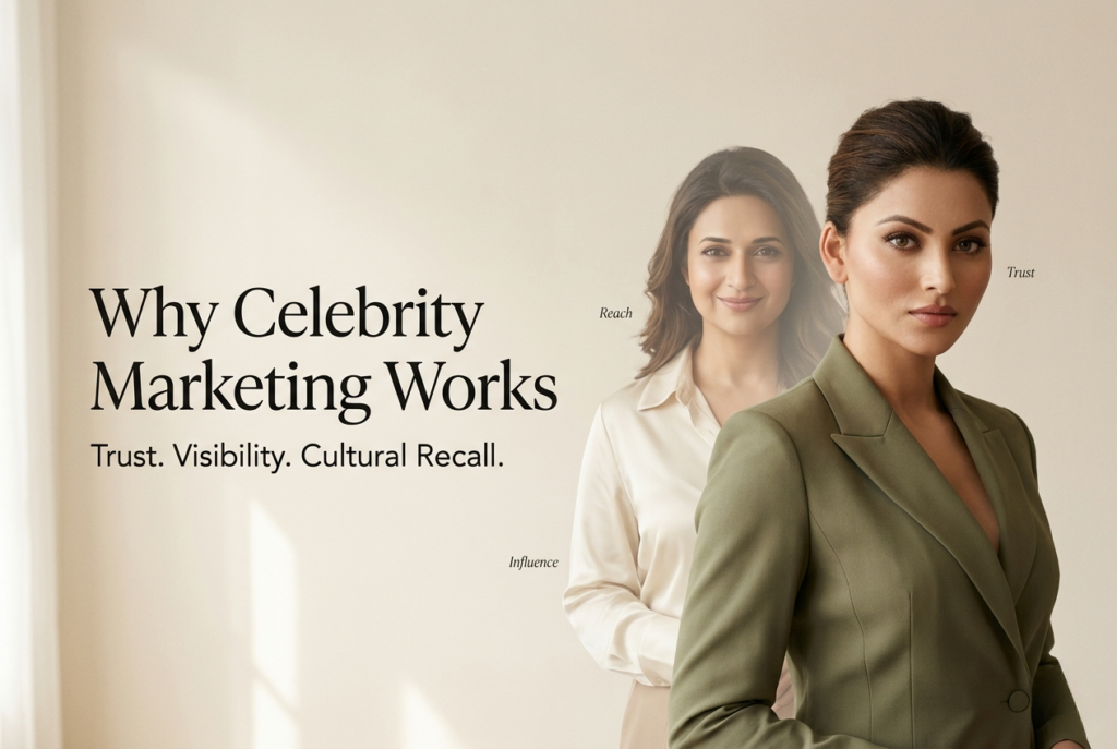 Digital marketing agency banner showing a celebrity marketing concept with the message "Why Celebrity Marketing Works" and supporting words trust, visibility, and cultural recall.