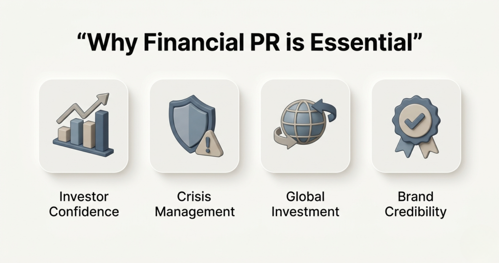 Why financial PR is essential visual showing investor confidence crisis management global investment and brand credibility